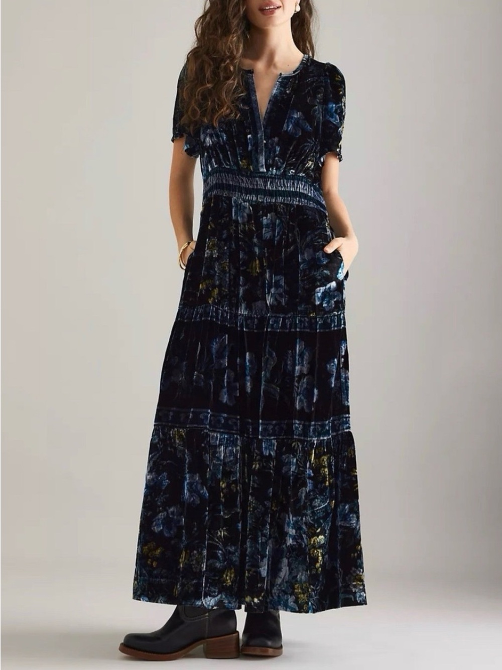 NWT Anthropologie Somerset Velvet Maxi Dress in Dark Blue Floral Size XL